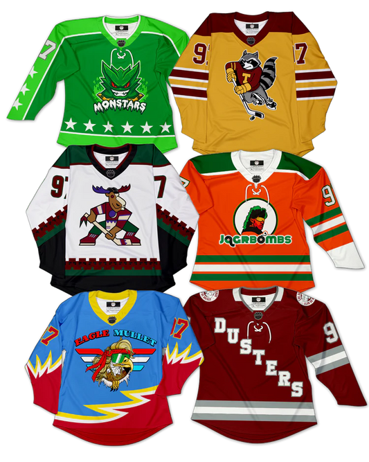 A collection of custom hockey jerseys in various colors and with different team logos.