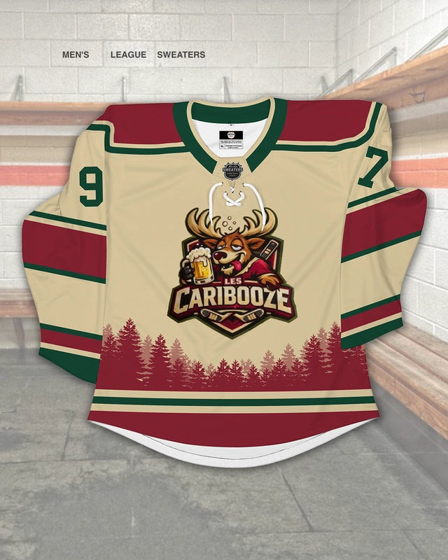Custom cream, red, and green hockey jersey design for Les Caribooze with moose logo and tree line graphic