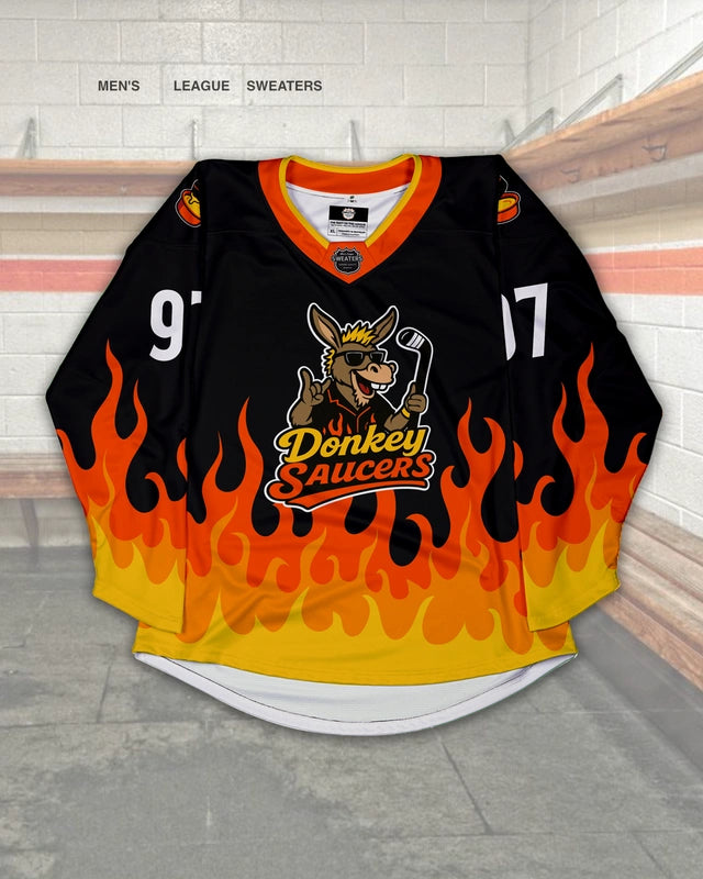 Custom black hockey jersey design with flames and a rad donkey with Guy Fieri vibes