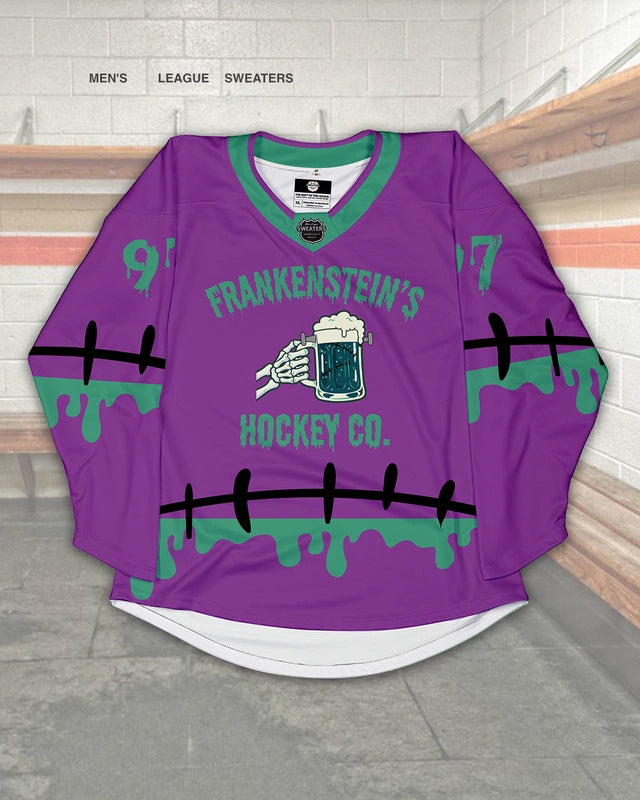 Custom purple hockey jersey design for Frankenstien's Hockey Club with stitches and moster ooze