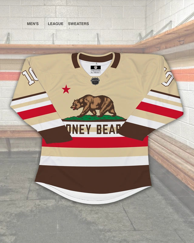 Custom tan hockey jersey design for the Honey Bears that features a California state flag theme