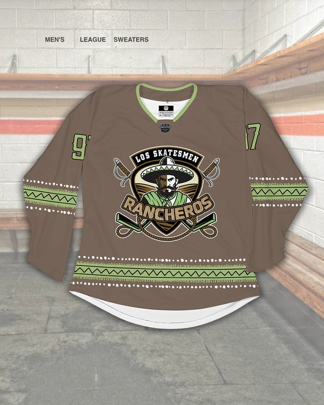 Custom grey hockey jersey design for the Rancheros with key-lime green accents and southwest inspired stripes