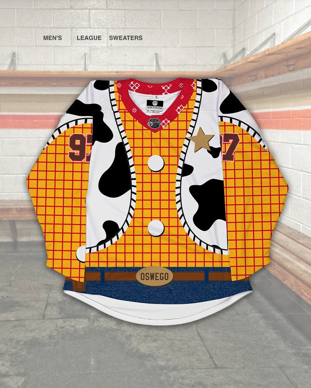 Funny, custom hockey jersey for Oswego that looks like Woody from Toy Story's outfit 