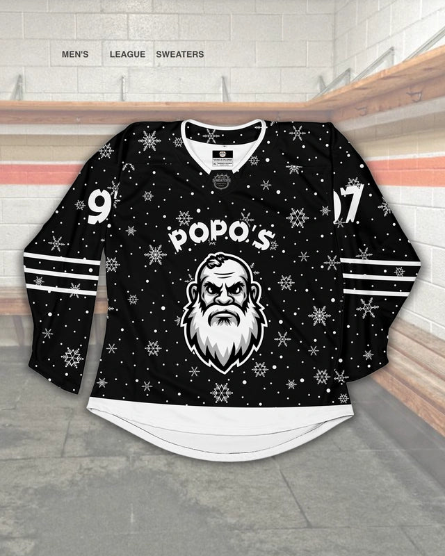 Custom black, white, and grey design for Popo's with slow flakes, sleeve stripes, and a white dipped hem