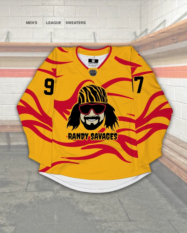 Custom Macho Man Randy Save inspired hockey jersey design
