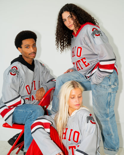 Three models wearing matching gray Ohio State hockey jerseys with red and black accents, posed against a plain white studio background.